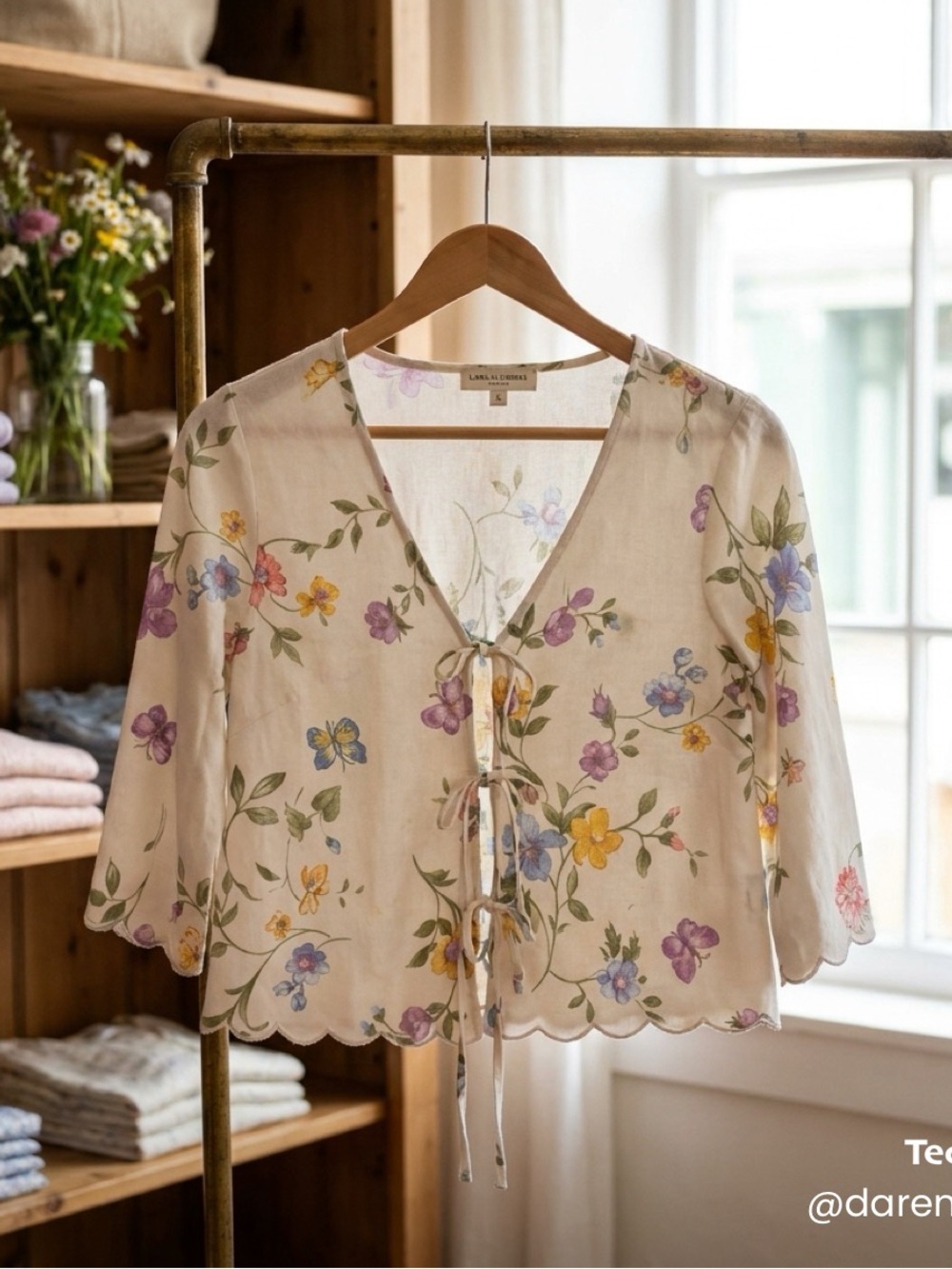 Laura Ashley Linen Blend Cream Floral Tie-Front Blouse with Pastel Blooms
